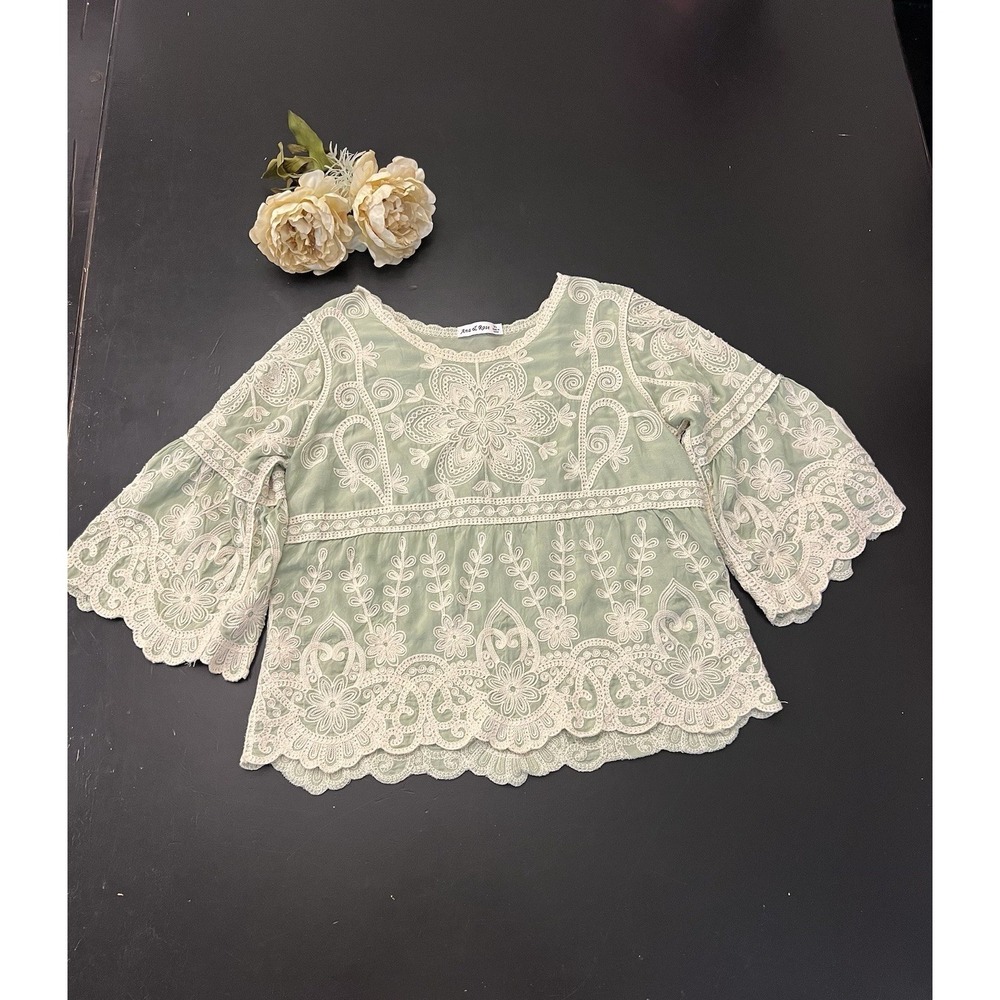Ana & Rose Mint Green Cream Floral Boho Shabby Chic Embroidered Blouse Sz XL